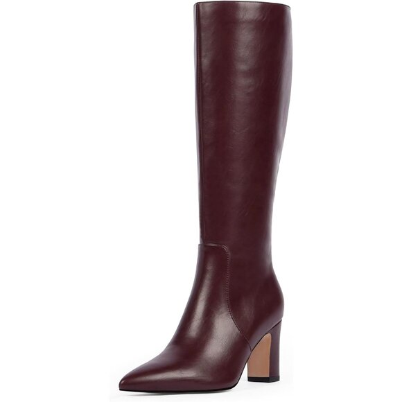 Shoes - Women Burgundy Chunky Heel Pointed Toe Side Zipper Fall Dressy Comfortable Boots